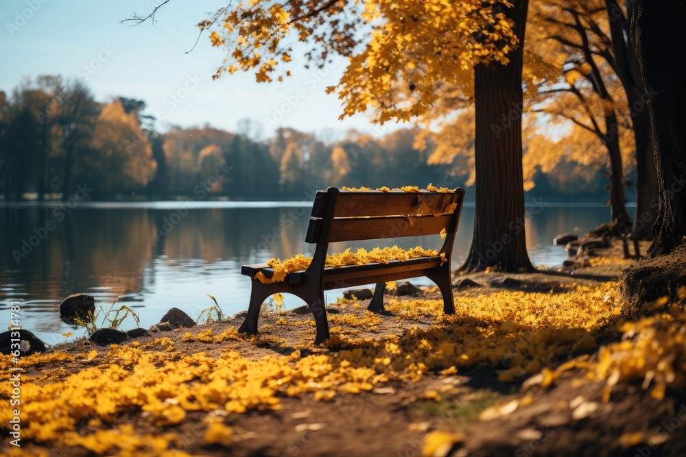 Wooden bench by the lake in the autumn park. Advertising banner. Generative AI