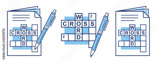 Crossword puzzle newspaper, solve cross word magazine with writing pen line icon set. Grid text squares. Search answer question. Logic brain exercise. Riddle, education thinking game. Book page vector