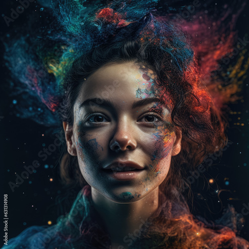 A stunning girl's face, adorned with a bright smile, is surrounded by vibrant and colorful dust and smoke, evoking a sense of creativity and imagination. Generative Ai, Ai.