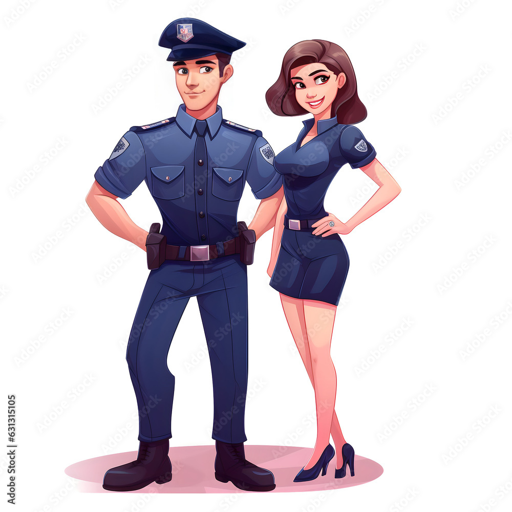 A cartoon drawing of a young couple of police officers in uniform, a man and a girl, representing security and gender equality. The image can be used for websites, books and blogs related to safety A cartoon drawing of a young couple of police officers in uniform, a man and a girl, representing security and gender equality. The image can be used for websites, books and blogs related to safety