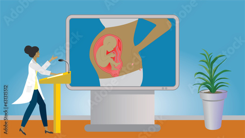 Woman in lecture about pregnancy. Standing in front of big screen with woman uterus with child in profile. Dimension 16:9. Vector illustration.