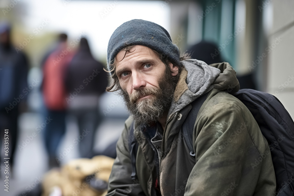 Homeless man begging for money on a busy street.