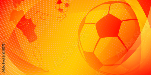 Soccer background with a football player kicking the ball and other sport symbols in national colors of Spain