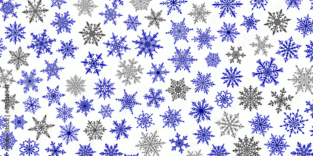 Christmas background of beautiful complex snowflakes in blue, gray and white colors. Winter illustration with falling snow Christmas background of beautiful complex snowflakes in blue, gray and white colors. Winter illustration with falling snow