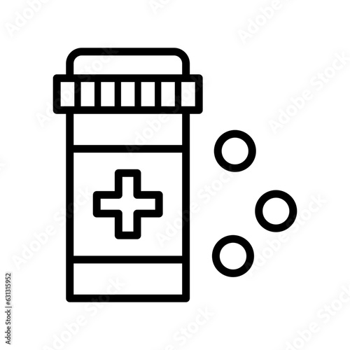 Black single pills bottle line icon, simple health medicine flat design vector pictogram, infographic vector for app logo web website button ui ux interface elements isolated on white background