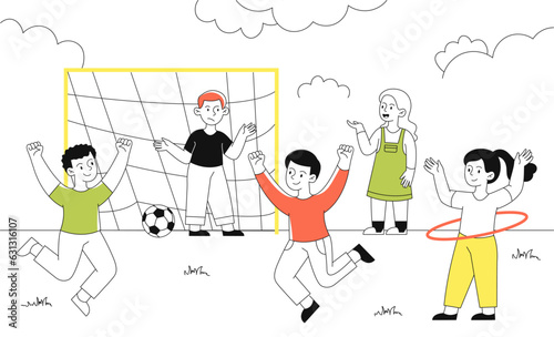 Kids in sports summer camp vector line
