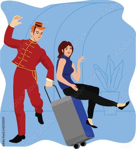 A hotel porter carries a guest on a suitcase. Friendly hotel staff helps a visitor with luggage. Funny scene about hotel service. Vector illustration.
