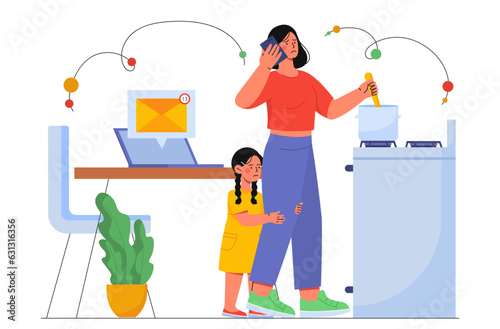 Worried mother with kid vector concept