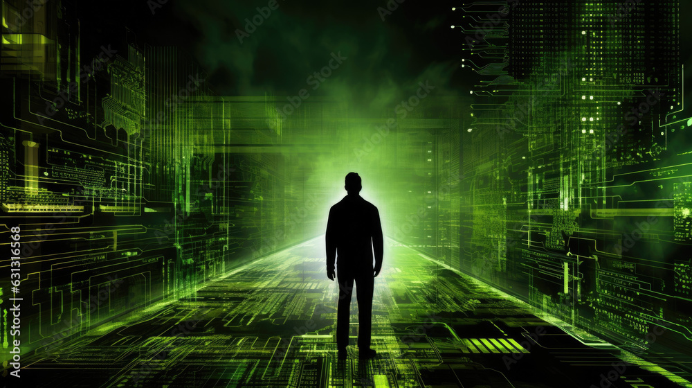 A person silhouetted in front of a black and green digital schematic with a cybersecurity program in one hand and a keyboard cyberpunk ar A person silhouetted in front of a black and green digital schematic with a cybersecurity program in one hand and a keyboard cyberpunk ar