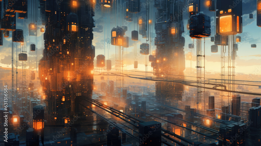 A dystopian cityscape with neonilluminated futuristic skysers and autonomous flying robots. cyberpunk ar A dystopian cityscape with neonilluminated futuristic skysers and autonomous flying robots. cyberpunk ar
