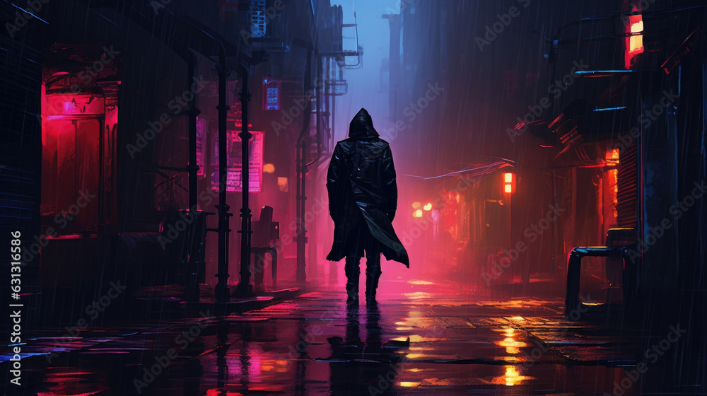 A lone figure walking down the alley with a cybernetic implant glowing beneath their rain slicker. cyberpunk ar