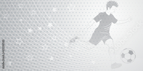 Abstract soccer background with a football player kicking the ball and other sport symbols in gray colors