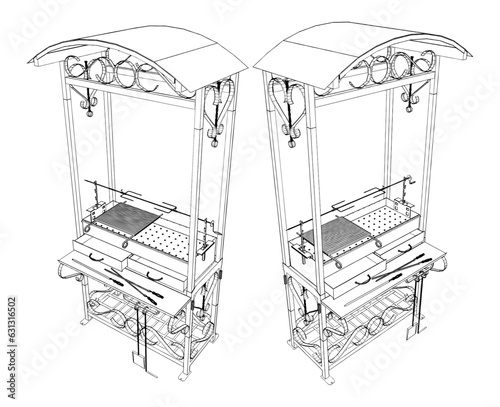 Barbecue Grill Vector. Brazier Forged With A Spit BBQ. Isolated On White Background. A Vector Illustration Of A Barbecue Grill.