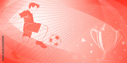 Abstract soccer background with a football player kicking the ball and other sport symbols in red colors