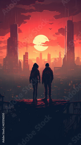A dark hazy cyberpunk cityscape illuminated by a deepred sunset. On the rooftops mysterious figures in dark tech suits cyberpunk ar photo