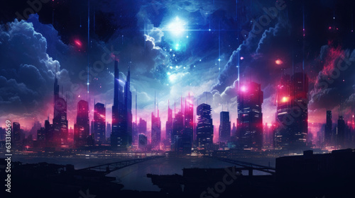 A sprawling skyline of shining skysers lit up by neon adver in the night. cyberpunk ar