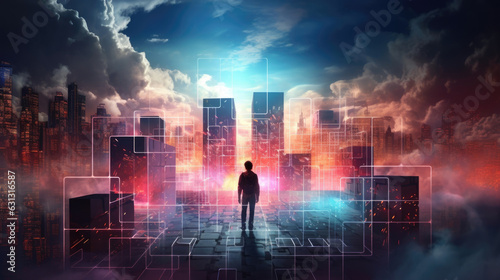 A dystopian cityscape with a hacker manipulating a glowing digital cube in the air surrounded by a cloud of glowing data. cyberpunk ar © Justlight