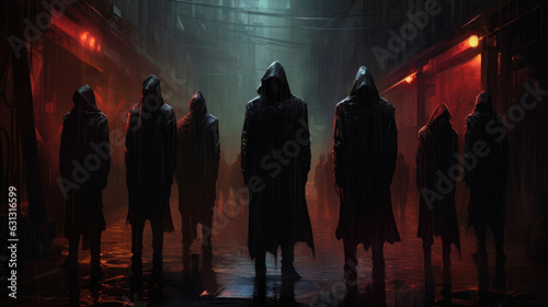 A group of shadowy figures lit by the glow of the rain and flickering monitors meeting in a hidden underground cyberpunk cyberpunk ar
