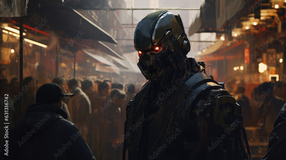 A hulking robotic guard standing sentinel over a bustling black market marketplace its visor scanning the people coming cyberpunk ar