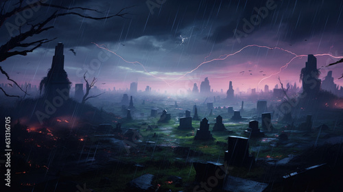 A dilapidated graveyard where gravestones are tered across a desolate landscape all embedded with hazy holograms of the cyberpunk ar