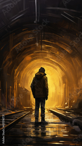 A lone figure standing in a tiered arena of graffiti art adorning the curved walls of a derelict subway platform. cyberpunk ar