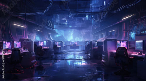 A long dark windowless room illuminated with flashing purple and blue neon lights with rows of desks in each corner filled cyberpunk ar