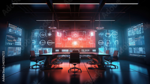 An ultramodern metallic boardroom filled with holographic projection screens displaying statistic grids and Corporate cyberpunk ar