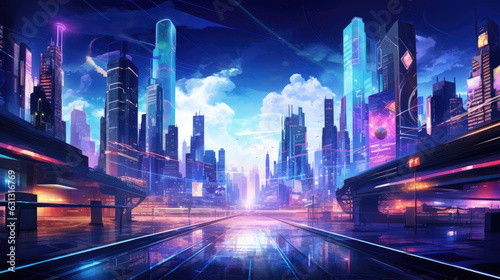 A futuristic citystreetscape with glittering buildings and glowing neon signs including a huge billboard that projects cyberpunk ar