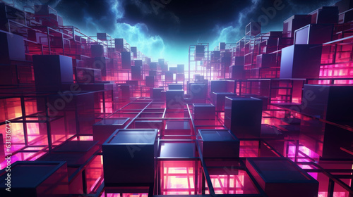 A neonilluminated rooftop its glowing cubes skysers and digital windows giving the appearance of a pacmanesque maze. cyberpunk ar