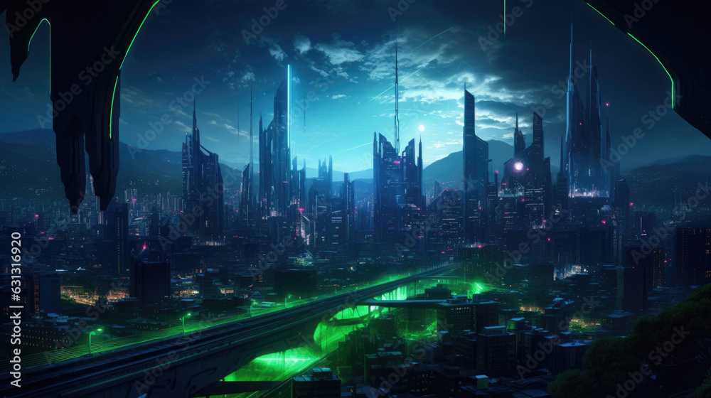 A dark cityscape illuminated by the neon green and blues of a cyberpunk logo in the sky. cyberpunk ar