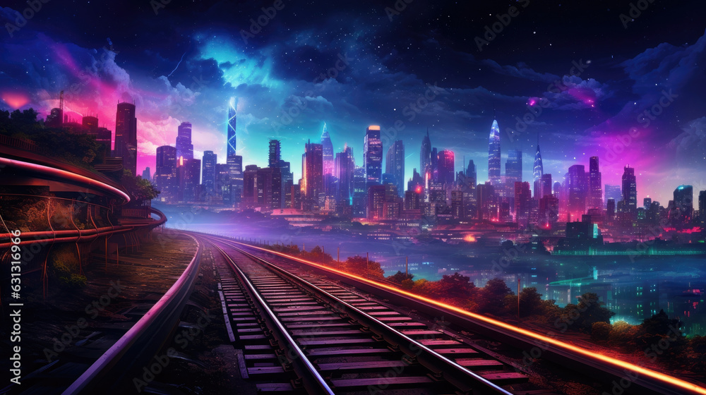 A view of neonlit train tracks at night with a colorful skyline in the background. cyberpunk ar