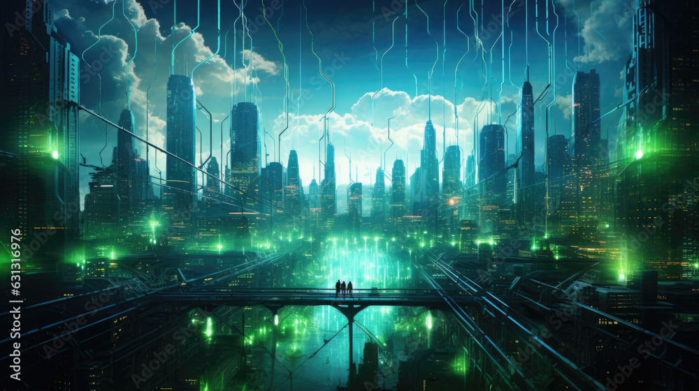 An aerial shot of a cybernetic cityscape with the skyline filled with neon green and blue electric towers and buildings cyberpunk ar