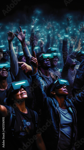 A crowd of people raising their hands up each of them wearing augmented reality glasses with Hack the System projected cyberpunk ar