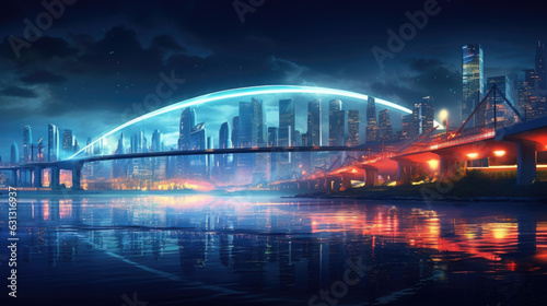 A stark bridge spanning across a river of neonhued water reflecting a futuristic cityscape. cyberpunk ar