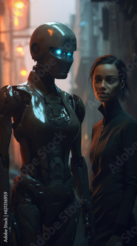 A still of an android and a human dressed in cyberpunk attire standing facetoface in a smoky alleyway. cyberpunk ar