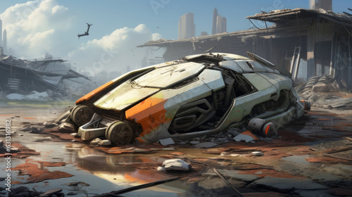 An abandoned hovercar with its windows cracked and doors open sitting atop a pile of trash and rubble in a desolate industrial cyberpunk ar