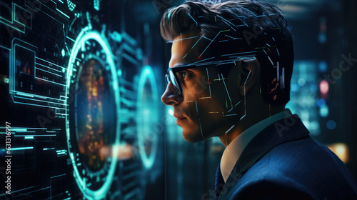 A businessman having a computerized eyeimplant as he looks into a digital display. cyberpunk ar
