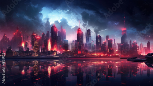 A cyberpunk skyline illuminated in a mix of red and neon lights from the holographic redlight district below. cyberpunk ar © Justlight