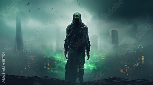 A robotic soldier cloaked in an eerie green mist standing atop a crumbling cityscape while looking up at a cyberwarfare cyberpunk ar