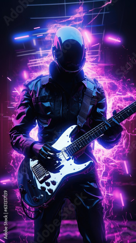 An image of a faceless futuristic android playing a neon purple guitar with sparks of electricity emitting from the strings. cyberpunk ar