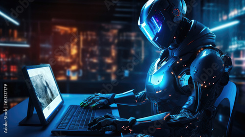Image of a person in a robotic suit with bright blue lights emanating from their eyes while they type away on a computer. cyberpunk ar