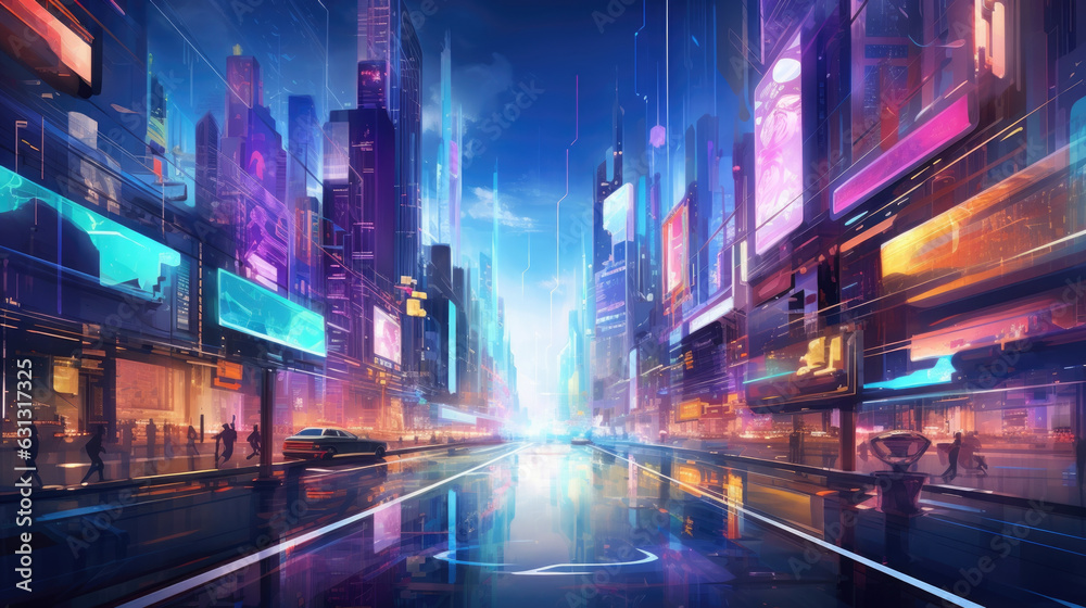 Φωτογραφία A futuristic citystreetscape with glittering buildings and glowing neon signs in