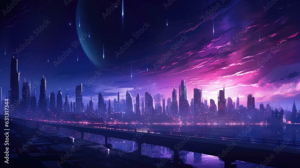 A futuristic cityscape at night illuminated with streaks of bright pink and purple neon lighting surrounded by a deep cyberpunk ar
