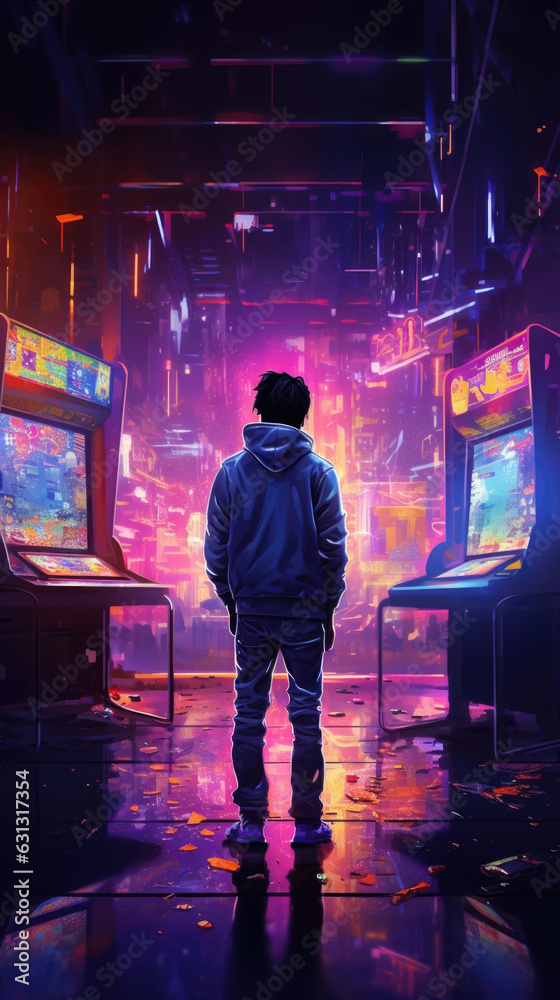 A lonely gamer standing in front of a dimly lit holographic arcade game staring into the colorful luminescent pixels cyberpunk ar
