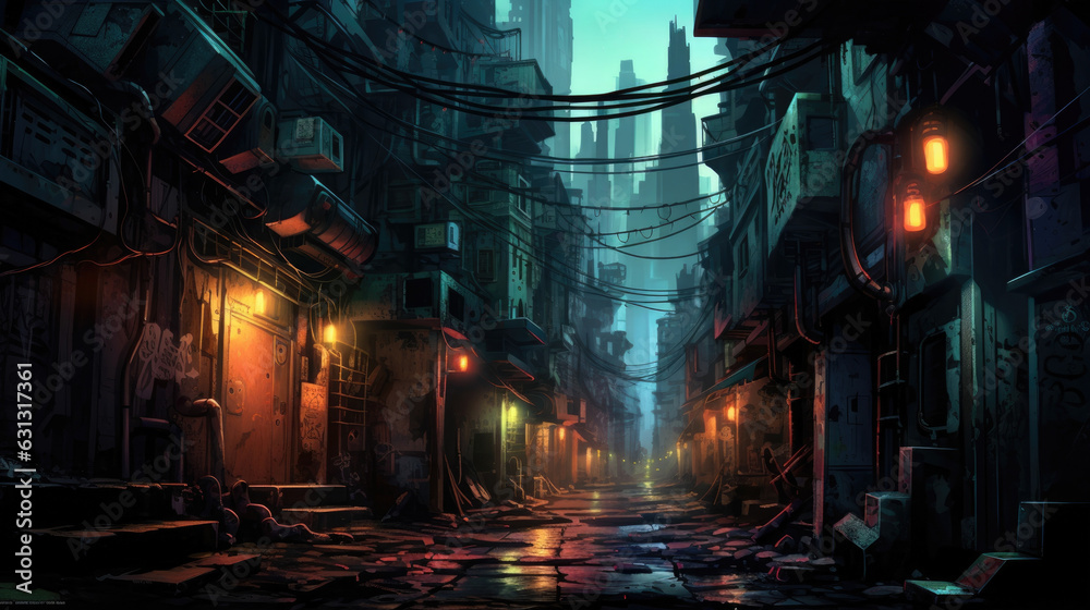 A neonlit urban alleyway crowded with graffiticovered buildings and shanty dwellings. At the center of the alley is a cyberpunk ar