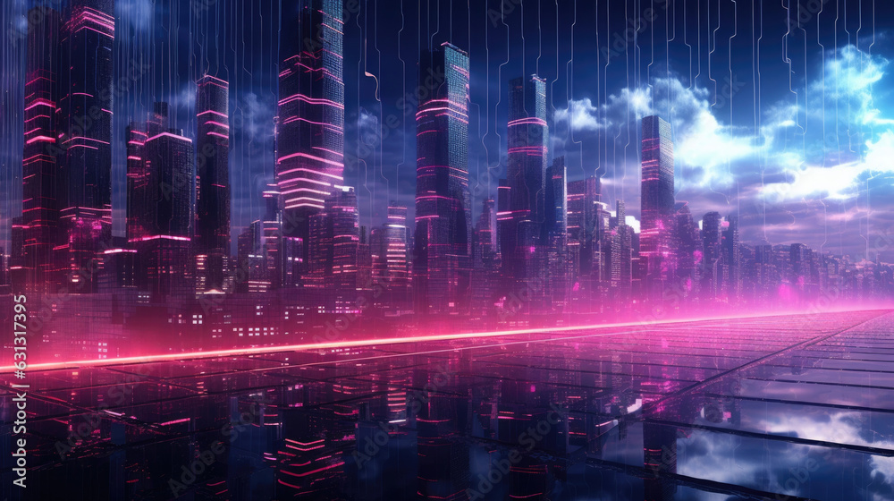 A neonpink city skyline dotted with numerous tall buildings each one illuminated with data ports and gateways. cyberpunk ar