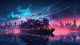 A futuristiclooking skyline featuring modernistic skysers illuminated by a sea of neon lighting with huge automated cargo cyberpunk ar