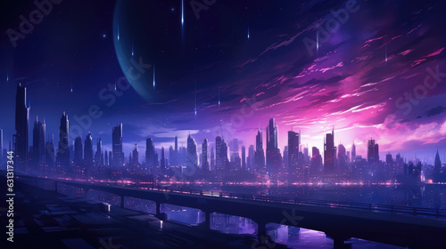 A futuristic cityscape at night illuminated with streaks of bright pink and purple neon lighting surrounded by a deep cyberpunk ar