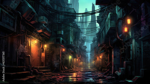 A neonlit urban alleyway crowded with graffiticovered buildings and shanty dwellings. At the center of the alley is a cyberpunk ar © Justlight