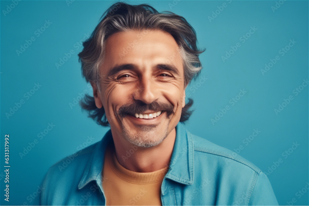 Caucasian mature adult man smiling on a blue background Caucasian mature adult man smiling on a blue background